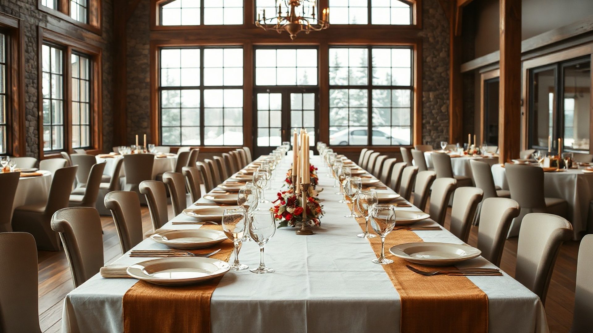 An elegantly set banquet table with terracotta linens and cream ceramics in a Calgary event venue