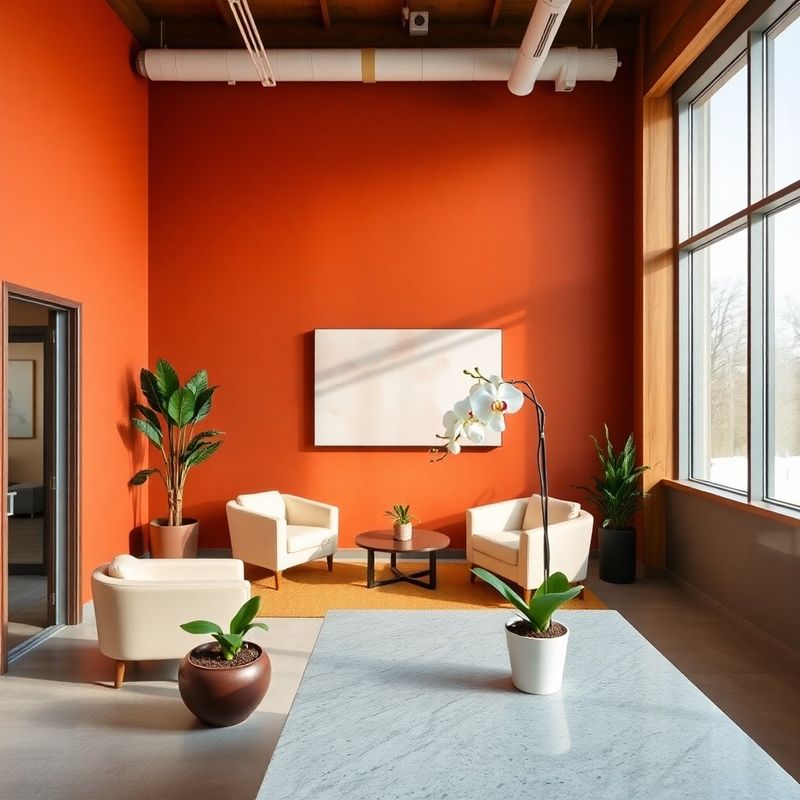 A bright Calgary office reception with terracotta accent wall, cream furniture, and an orchid on the desk