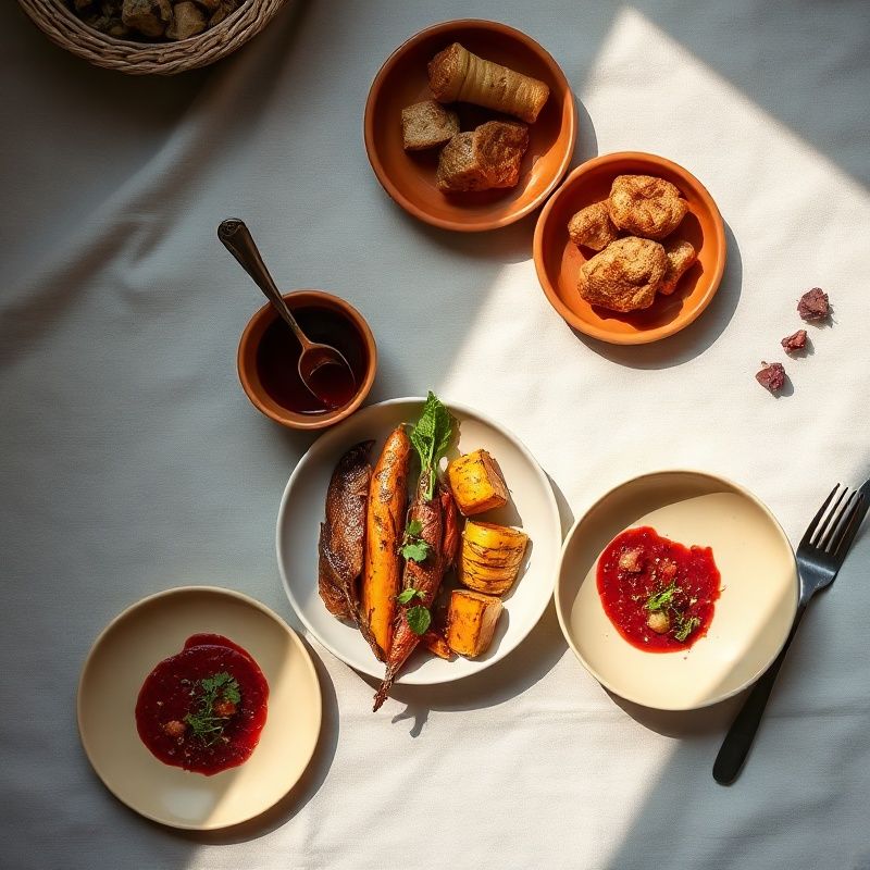 A seasonal Canadian tasting menu flat-lay with terracotta-cream crockery and pale linen