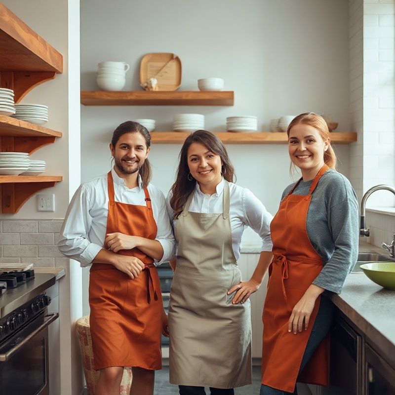The Pixelfswift culinary team in a modern Calgary kitchen wearing culinary whites and terracotta aprons