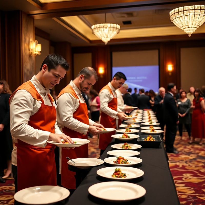 Catering staff in cream and terracotta uniforms plating synchronized courses in a Calgary ballroom